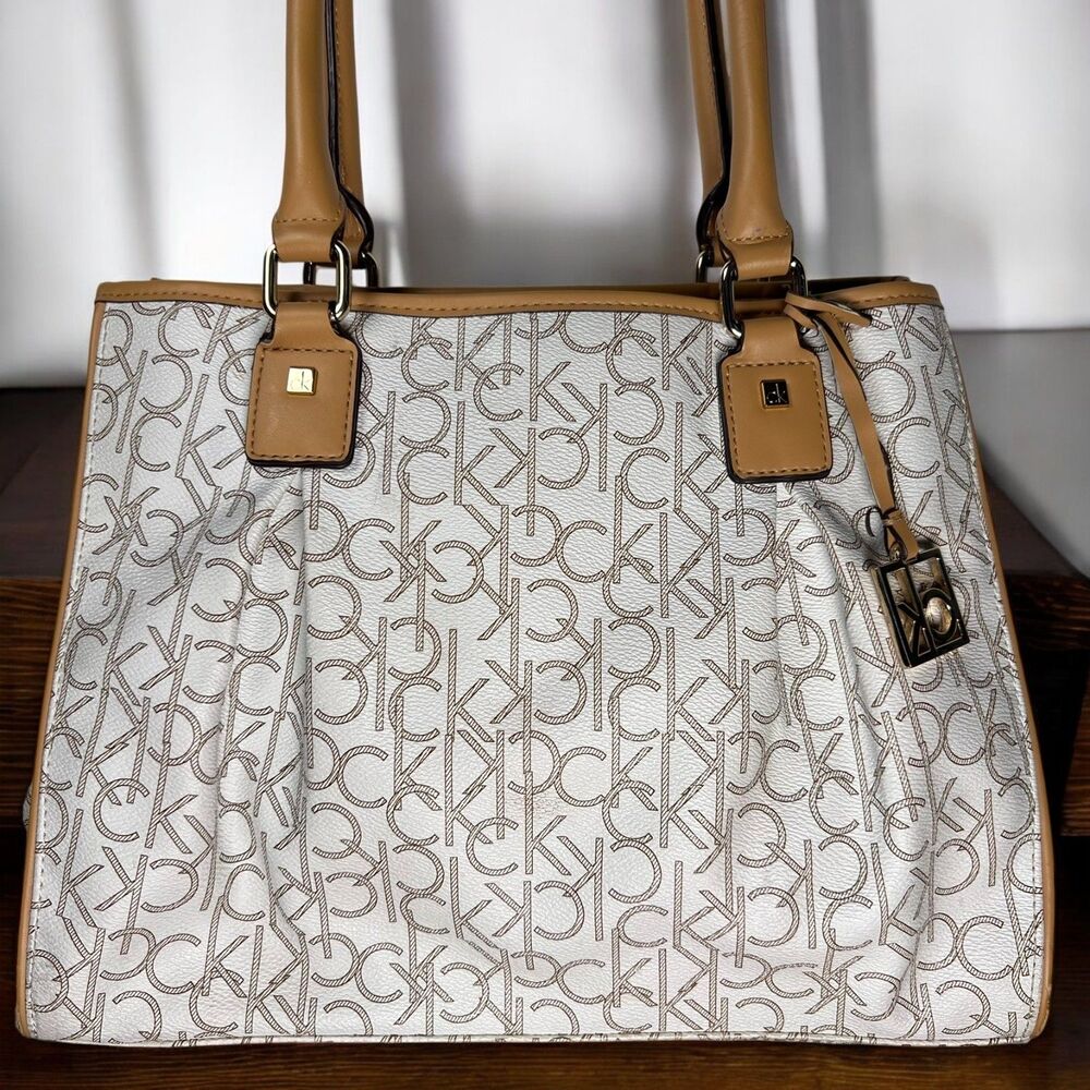 Calvin Klein Handbag Women Med Signature Ivory Tan Faux Leather Satchel Bag Logo